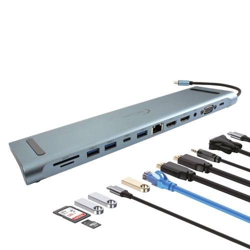 DockStation HUB USB-C EC Line (EC-BYL-2003U2) 12 en 1. Puertos SD/TF - SD, 2 USB 2.0/3.0, USB-C, LAN, 2 HDMI, Audio 3.5mm, VGA y PD. Garantía 1 año.