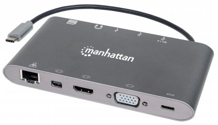 Estación Docking USB-C SuperVelocidad 7 en 1 MANHATTAN SuperVelocidad 7 en 1 - Gris, USB C, USB C, USB3.0/HDMI/VGA, Macho/hembra