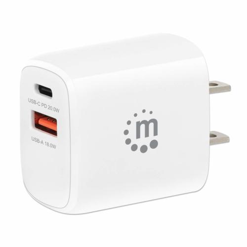 406291 Cargador de pared mini para carga de energía por USB de 2 puertos - 20 W - enchufe de EUA, Color blanco