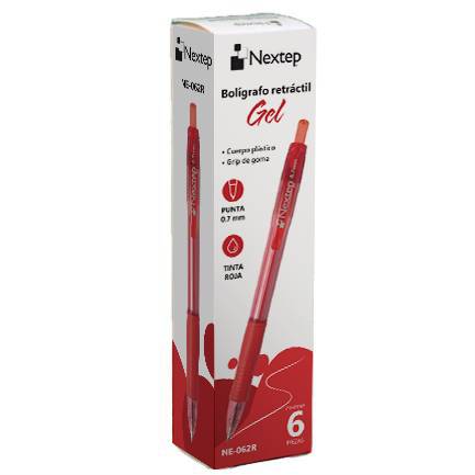 Bolígrafo Nextep Gel NE-062R Retráctil Mediano 0.7 mm color Rojo con 6 piezas -