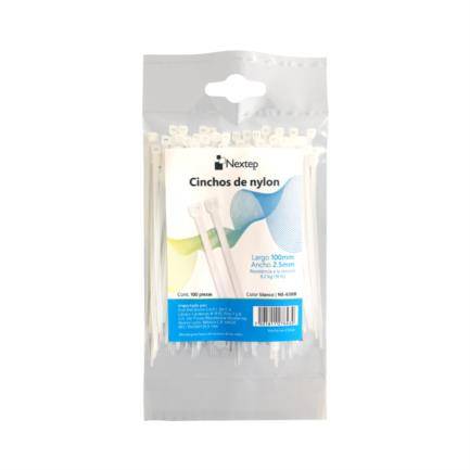 Cincho de Nylon Nextep NE-638B Sujeta Cables color Blanco Dimensiones: 10 cm x 2.5 bolsa c/100 -