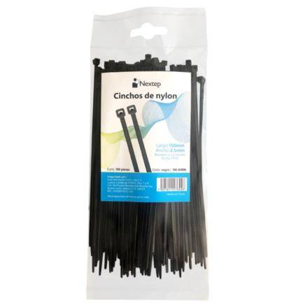 Cincho de Nylon Nextep NE-639N Sujeta Cables color Negro Dimensiones: 15 cm x 2.5 bolsa c/100 -