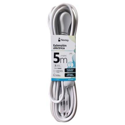 Extensión Eléctrica Nextep NE-244C para casa y oficina 16 AWG 5 mts.  Clavija Plana Color  Blanco y tres contactos polarizados -