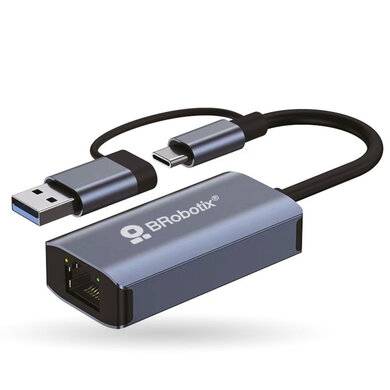 CONVERTIDOR USB A RJ45  DUAL GIGABIT (CONECTOR  USB A V3.0 Y TIPO C - RJ45)  COLOR PLATA - 406511, BROBOTIX