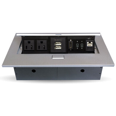 CAJA DE MESA/CAJA DE CONEXIÓN PARA MESA CONECTORES  USB-TIPO C - HDMI, USB TIPO A, RJ45 CAT6, CORRIENTE, COLOR PLATA PLATA, BROBOTIX 406412