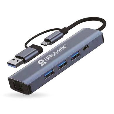 DOCKING 5 EN 2: CONECTOR DUAL USB A Y TIPO C A  3 PUERTOS USB V3.0 - 1 PUERTO USB TIPO C Y RJ45 GIGABIT, BROBOTIX 406603
