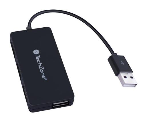 Hub TechZone - 4 puertos USB 2.0, color negro, 1 año de garantía.
