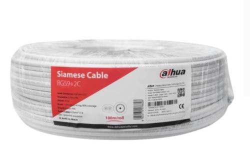 Cable siames dahua - PFM941I-RG59N/21-100 diseñado para videovigilancia que integra un cable coaxial RG59 para la señal de video y un cable de alimentación