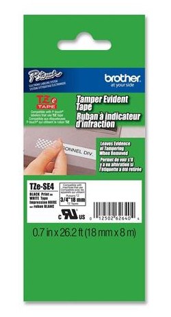 Etiqueta blanca continua laminada de seguridad Brother TZESE4 - de 18 mm de ancho x 8 mts de largo. Impresión en negro.