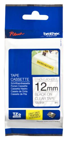 Etiqueta clara continua laminada con adhesivo super resistente Brother TZES131 - de 12 mm de ancho x 8 mts de largo. Impresión en negro.