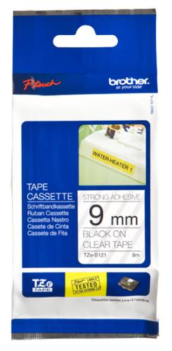 Etiqueta clara continua laminada con adhesivo super resistente Brother TZES121 - de 9 mm de ancho x 8 mts de largo. Impresión en negro
