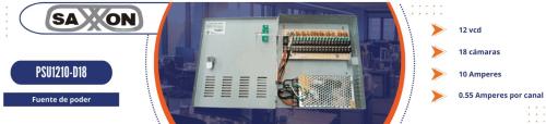 SAXXON PSU1210D18 - Fuente de Poder de 12 vcd/ 10 Amperes/ Para 18 Camaras/ 0.55 Amperes por Canal/ Protección contra Sobrecargas/ Certificación UL -