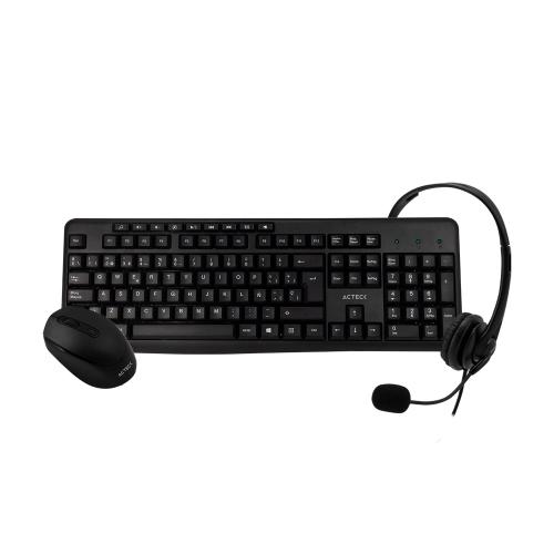 Kit de Oficina: Teclado - Mouse y Audífonos ACTECK AC-931687, 105 Teclas, Mouse: Inalámbrico, Receptor USB, 3 Botones + Scroll, Audífono Audio y Micrófono