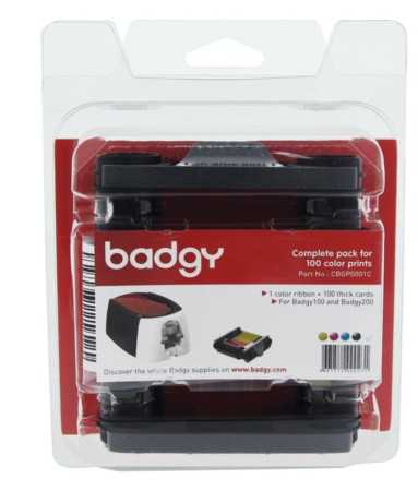 KIT de Consumible para BADGY 100 / 200 ( CBGP0001C ) incluye 1 cinta para 100 impresiones a color - 100 tarjetas de  PVC blancas de 30 milésimas.