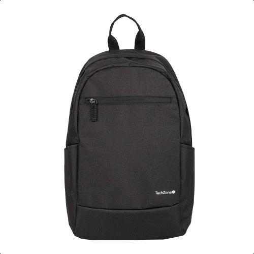 Backpack Basic Black TechZone TZLBP15  15.6 pulgadas - color negro, 2 bolsos laterales y 1 frontal, tirante acojinado. GARANTIA LIMITADA DE POR VIDA