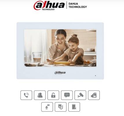 DAHUA VTH2621GW-P - Monitor IP Touch de 7 Plg/ Blanco/ Poe/ 6 1 E S de Alarma/ Uso Interior/ H.265/ Soporta 4 Frentes de Calle y 4 Monitores extra -