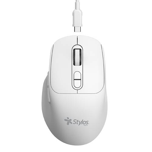 Mouse Inalambrico Recargable Stylos 1 - 600 Dpi 3 Niveles 6 Botones Conexión USB Nano 2.4Ghz Blanco. STPMOI8W