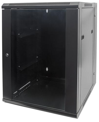 Gabinete de red mural abatible 19 - 15U, Ensamblado, 600x550, 30 kg (66 lb.), Puerta de cristal templado, INTELLINET 712019