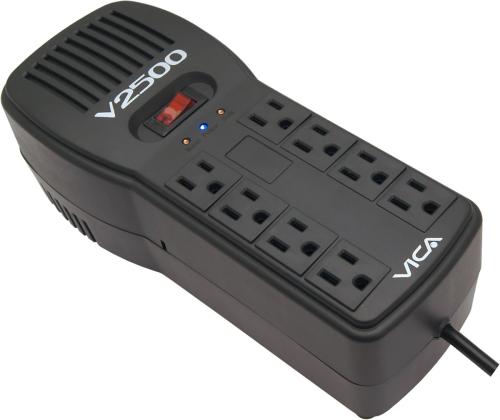Regulador VICA V2500 2500VA/1500W - Voltaje 120VCA /60Hz, breaker térmico, 8 tomas protegidas, indicadores LED, puertos RJ11/RJ45, empotrable en pared