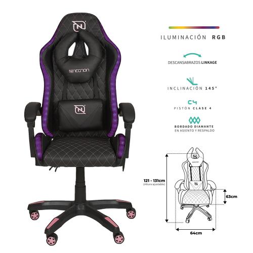 SILLA GAMER RGB INCLINACION RESPALDO 145 CLASE 4 140-150KG NSG-RGB1 FOAM 350MM 63CM*64CM*121-131CM COJIN LUMBAR Y CABEZA NEGRO/FUSCIA -