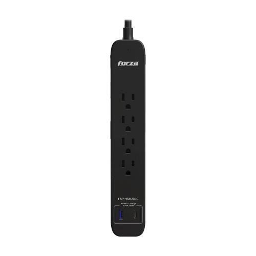 Supresor de picos FORZA FSP-451USBCBK 4 Tomas NEMA 5-15R - 1 puerto USB-A, 1 USB-C, 500J, Pared, Negro. Capacidad de 1625W/13A. Garantía de por vida