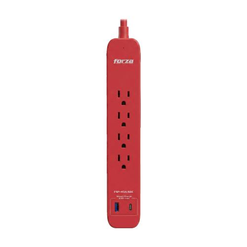 Supresor de picos FORZA FSP-451USBCBK 4 Tomas NEMA 5-15R - 1 puerto USB-A, 1 USB-C, 500J, Pared, Rojo. Capacidad de 1625W/13A. Garantía de por vida