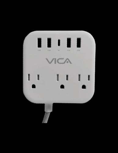 Centro de carga 7P VICA para protección contra sobretensiónes - 3 tomas con supresor de picos NEMA 5-15R, 4 puertos USB-A y 1 puerto USB-C