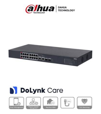 Switch PoE de 18 Puertos/ 16 Puertos Poe 10/100/ 2 Puertos Uplink 10/100/1000 + 2 Puertos SFP/ 135 Watts Totales/ Administrable en la Nube por DoLynk Care/ -