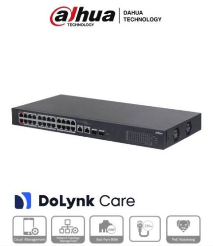 Switch PoE 26 Puertos - 24 Puertos PoE 10/100, 2 Uplink 10/100/1000+2 Puertos SFP, 240 Watts, Administrable en la Nube DoLynk Care, Switching 8.8 Gbps