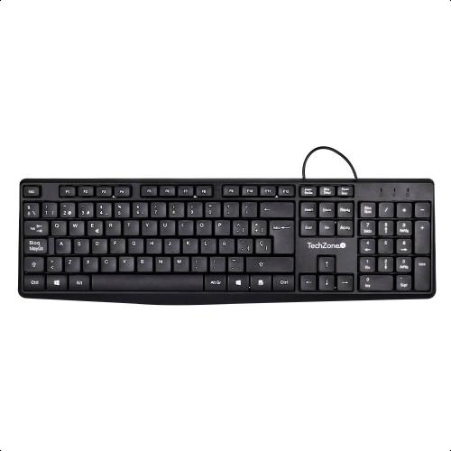 Teclado Alámbrico Techzone TZACTA04 color negro - tipo QWERTY, con indicadores: numérico, mayúscula y bloqueo de desplazamiento, 105 teclas
