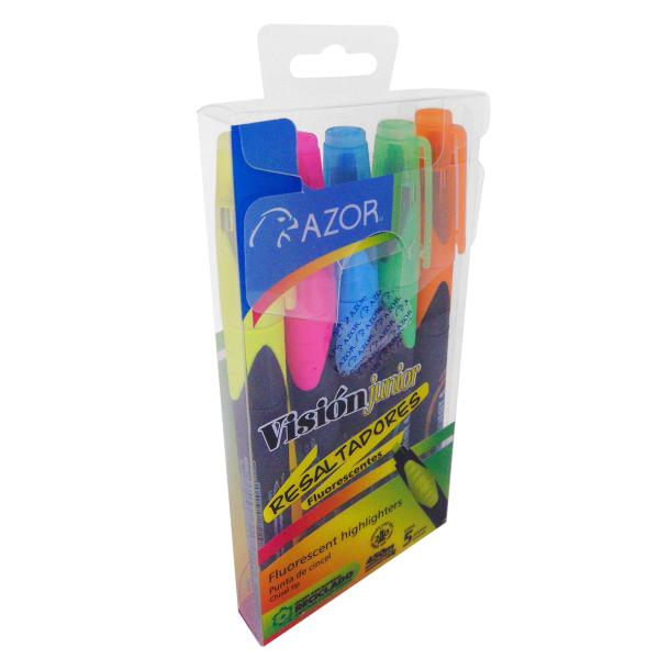 Imagen 1 del producto “Resaltador AZOR VISION JR 2825 Estuche. Paquete con 5 Piezas. Amarillo - Rosa, Azul, Verde y Naranja. Punta Cincel 4mm. ”