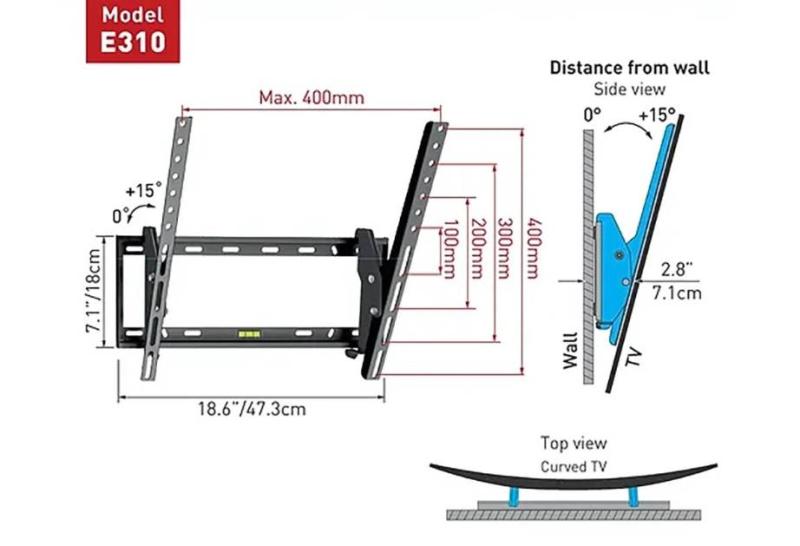 Imagen 1 del producto “Soporte de Pared Barkan E310+ para Pantalla Curvo/Plano 19 - 65 - hasta 50Kg, Negro ”