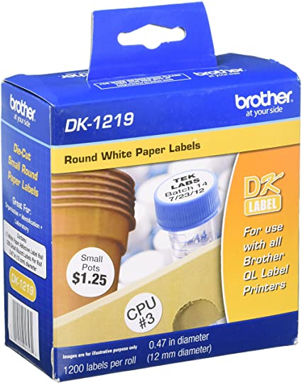 Imagen 1 del producto “Etiqueta blanca de papel Brother DK1219 - 1200 etiquetas de 12 mm de diametro. Impresión en negro. QL800 / QL810W. ”