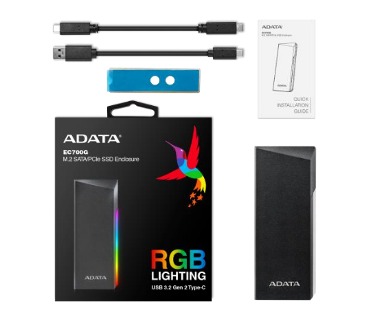 Imagen 1 del producto “Gabinete de Unidad de Estado Solido ADATA AEC700GU32G2-CGY - M.2 PCIe/SATA, USB 3.2 Gen2 tipo C, Negro ”