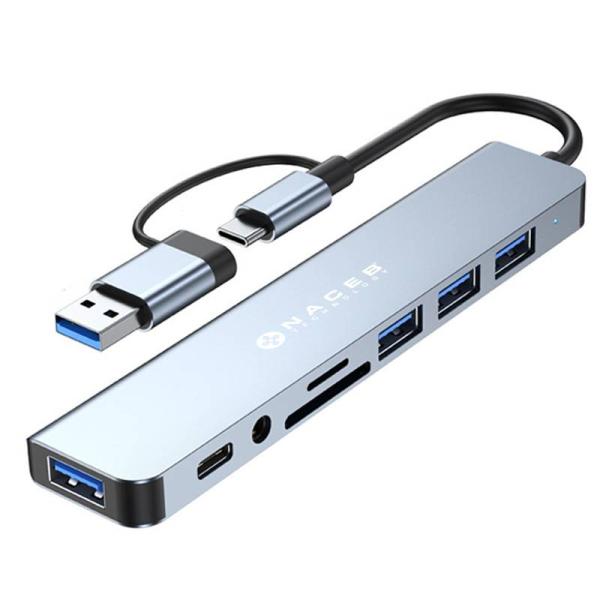 Imagen 1 del producto “NACEB ADAPTADOR USB-C/A 8 EN 1 USB3.0+3*USB2.0+USB-C+SD/TF+AUX NA-0149 - ”