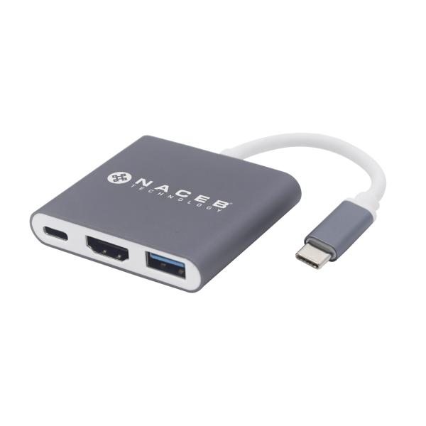Imagen 1 del producto “Adaptador Tipo C a HDMI + USB 3.0 + PD Naceb Technology NA-0111 - Plata, USB C, HDMI + USB 3.0 + PD ”