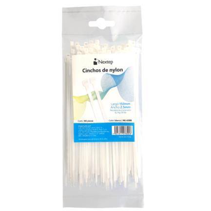 Imagen 1 del producto “Cincho de Nylon Nextep NE-639B Sujeta Cables color Blanco Dimensiones: 15 cm x 2.5 bolsa c/100 - ”