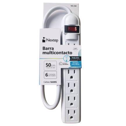 Imagen 1 del producto “Barra Multiplecontacto Nextep NE-240 6 contactos Aterrizados  Supresor 490J Cable 50Cm 16AWG color blanco Casa y Oficina - ”