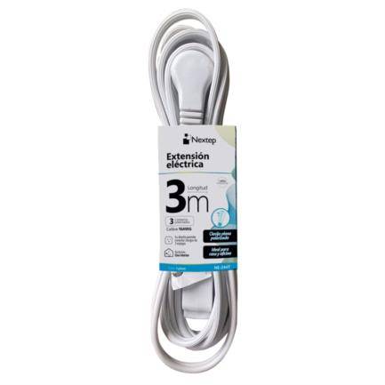 Imagen 1 del producto “Extensión Eléctrica Nextep NE-244T para casa y oficina 16 AWG 3mts.Clavija Plana Color  Blanco y tres contactos polarizados - ”