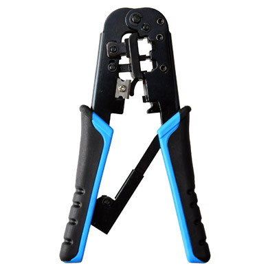 Imagen 1 del producto “Pinza para Crimpear Plug Modular RJ45/RJ11/RJ12 - Corta y Pela, c/Trinquete, Negro-Azul, 180568 BROBOTIX ”