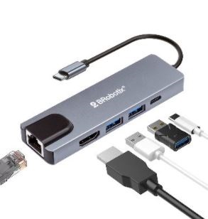 Imagen 1 del producto “DOCKING STATION  5 EN 1: USB V3.0 TIPO C A HDMI - 2 PUERTOS USB V3.0, USB TIPO C, RJ45 GIGABIT, BROBOTIX 6000694 ”