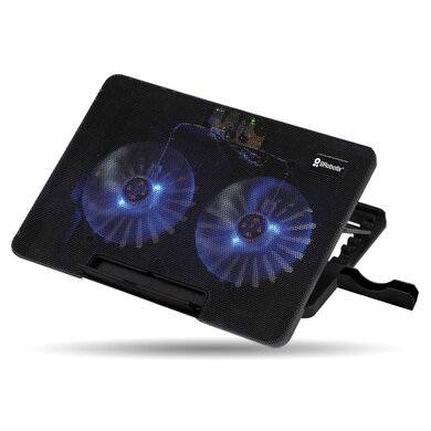 Imagen 1 del producto “Base enfriadora para laptop y celular - 2 ventiladores, luz led, 6 ángulos ajustables, 9 a 17 Pulgadas,  Negro, BROBOTIX 6000441 ”