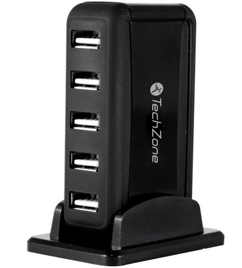 Imagen 1 del producto “Hub TechZone - 7 puertos USB 2.0, color negro con fuente de poder para el incremento de tasa de transferencia, 1 año de garantía. ”