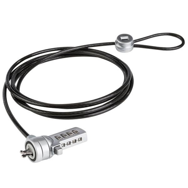 Imagen 1 del producto “Candado de combinación TechZone con 3 cabezales distintos:  Tipo T-Bar - Wedge Lock, Nano lock, 1.8 m de longitud/3mm, acero inoxidable recubierto en vinil ”