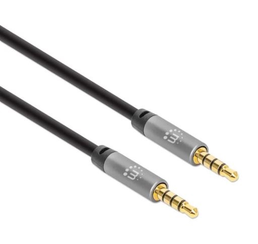 Imagen 1 del producto “Cable Auxiliar de Audio Estéreo de 3.5 mm MANHATTAN 355988 - 1 m, Macho / Macho, Negro/Plata, Auxiliar ”