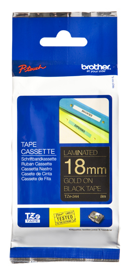 Imagen 1 del producto “Etiqueta negra continua laminada Brother TZE344 - de 18 mm de ancho x 8 mts de largo. Impresión en dorado. ”