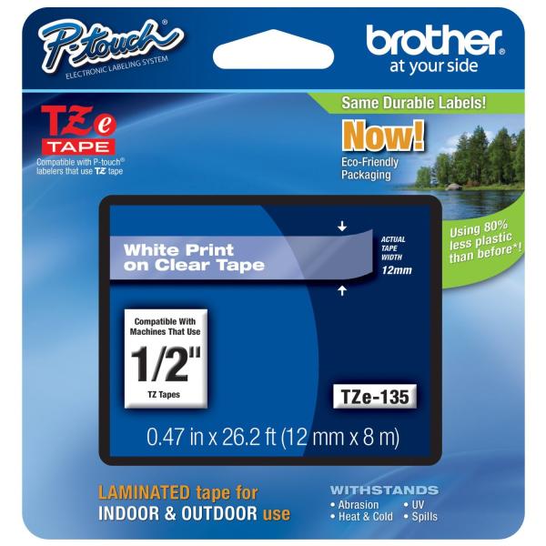 Imagen 1 del producto “Etiqueta clara continua laminada con adhesivo super resistente Brother TZES135 - de 12 mm de ancho x 8 mts de largo. Impresión en blanco. ”