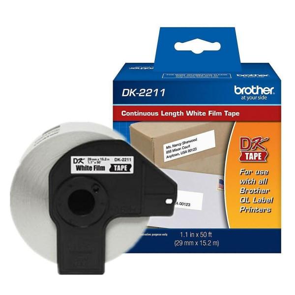 Imagen 1 del producto “Etiqueta blanca plástica continua no laminada Brother DK2211 de 29 mm de ancho x 15.2 mts de largo. Impresión en negro. QL800 / QL810W / QL1110NWB. - ”