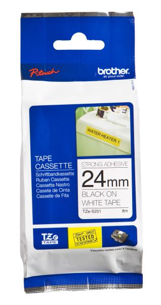 Imagen 1 del producto “Etiqueta blanca continua laminada con adhesivo super resistente Brother TZES251 - de 24 mm de ancho x 8 mts de largo. Impresión en negro. ”