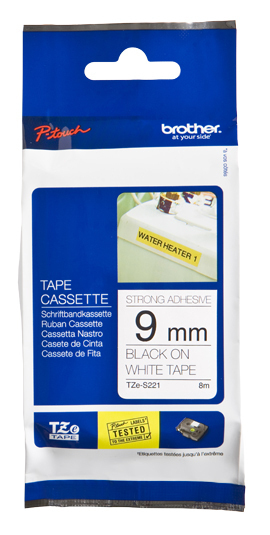 Imagen 1 del producto “Etiqueta blanca continua laminada con adhesivo super resistente Brother TZES221 - de 9 mm de ancho x 8 mts de largo. Impresión en negro. ”